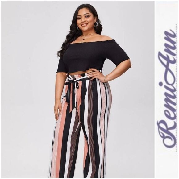 Plus Rib Tee & Striped Straight Pants - Picture 1 of 8